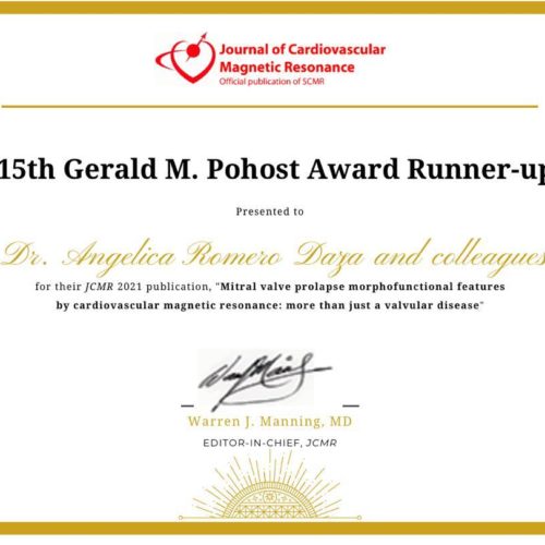La doctora Angélica Romero premiada por el “Journal of Cardiovascular Magnetic Resonance (JCMR) 15th Gerald M. Pohost Award”